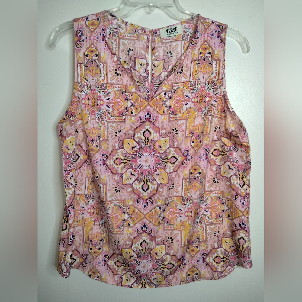Verse (Size XXL) Multicolored V-Neck Sleeveless Back Keyhole & Vent Hem Blouse